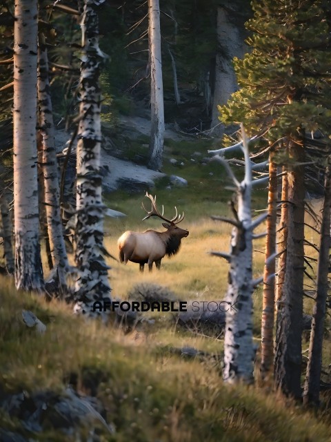 A bull elk in a forest with trees