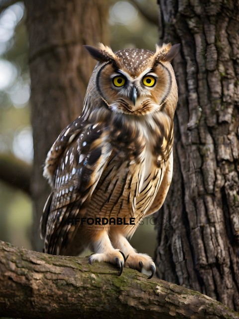 An owl perched on a tree branch