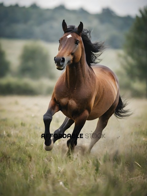 A brown horse running in a field