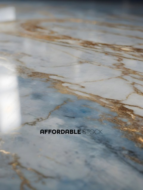 A marble counter top with a reflection of a window