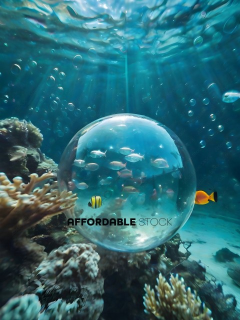 A glass ball with fish and coral underwater