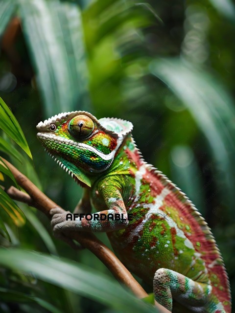 A green and red lizard on a branch