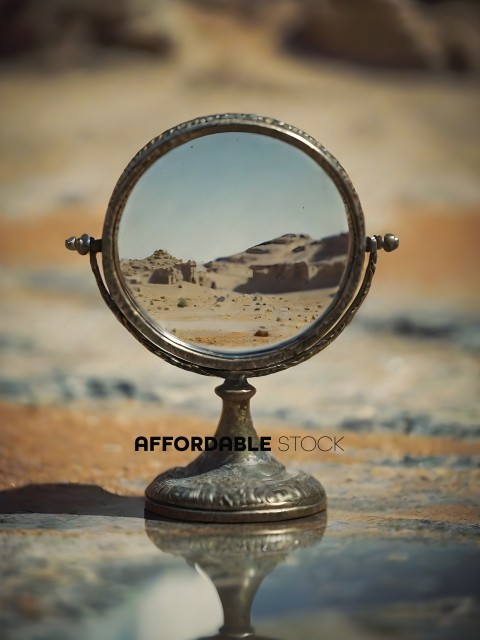 A mirror with a reflection of a desert landscape