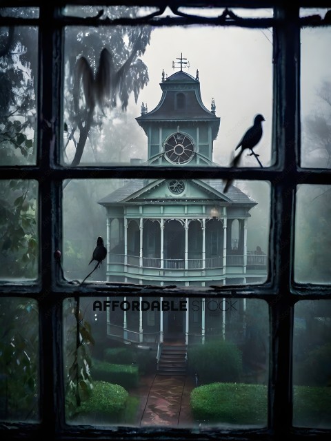 A view of a green house with a clock tower and two birds