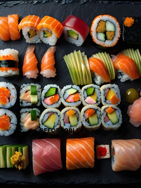 A variety of sushi rolls and sashimi