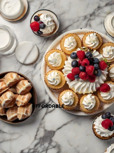 A variety of desserts including raspberries, blueberries, and whipped cream