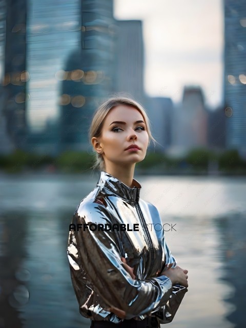 A woman in a reflective jacket stands in front of a city skyline