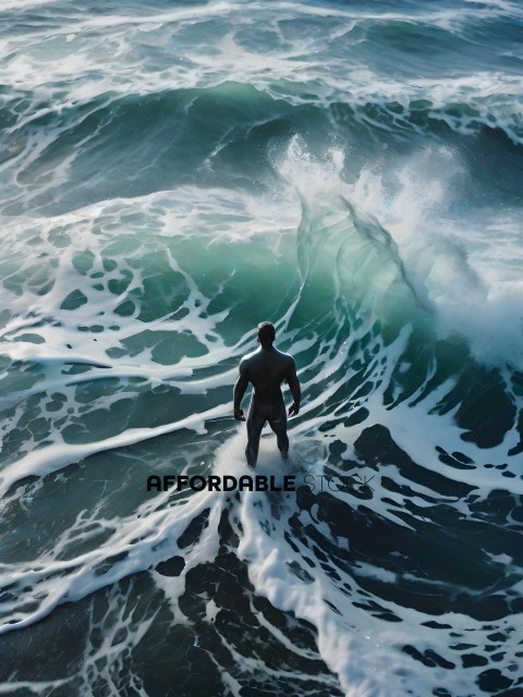 A man standing in the ocean with a wave crashing behind him