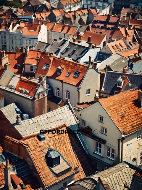 A cityscape with many buildings and roofs