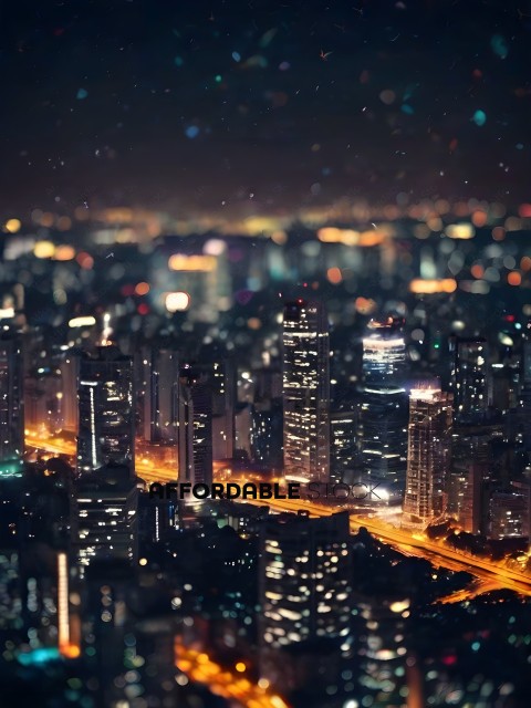 A cityscape at night with a lit highway