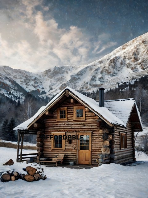 A log cabin in the mountains with snow on the roof