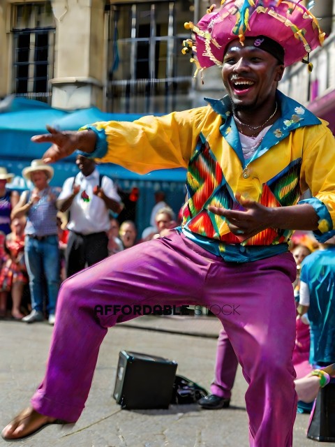A man in a colorful outfit is dancing