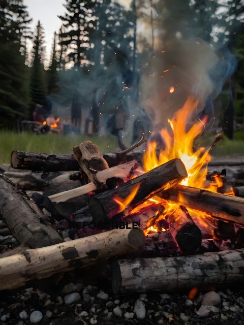 A fire with logs burning in the background