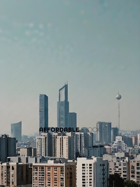 A cityscape with a large building in the background