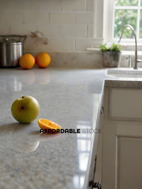 A Granite Countertop with an Apple and an Orange