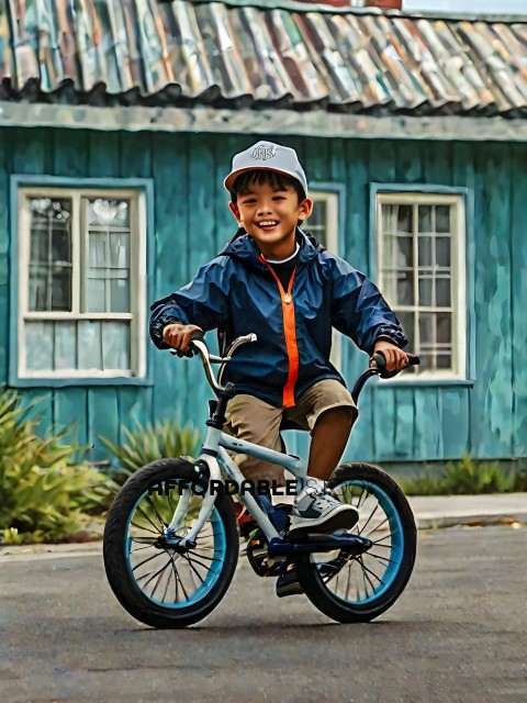 Boy in a blue jacket and khaki shorts riding a bike