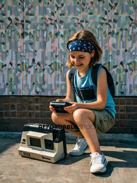 A young girl wearing a blue headband and blue shirt is playing a video game