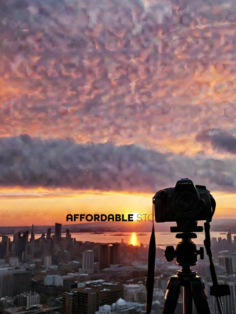 A cityscape with a sunset and a camera