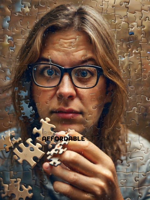A woman holding a piece of a jigsaw puzzle