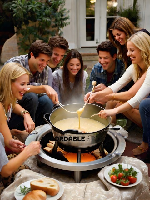 A group of people are gathered around a pot of food
