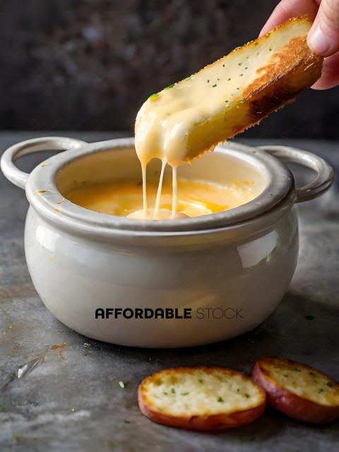 A person dipping a piece of bread into a bowl of soup