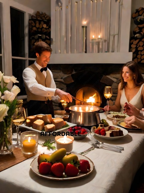 A man and a woman are sitting at a table with a fireplace and a table full of food