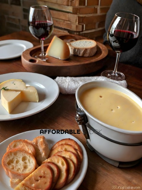 A table with bread, cheese, soup, and wine