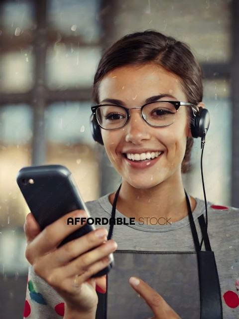A woman wearing glasses and headphones is holding a cell phone