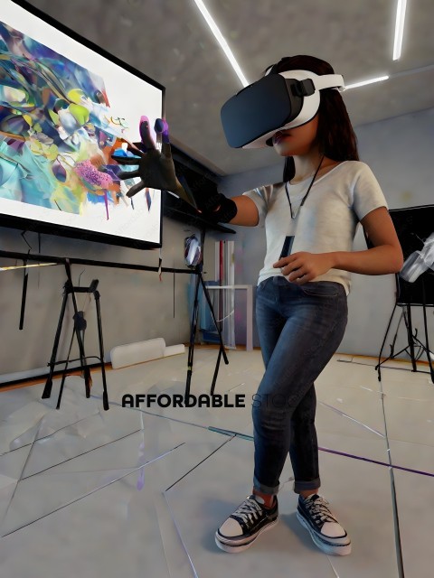 A woman wearing a white shirt and jeans is playing a virtual reality game