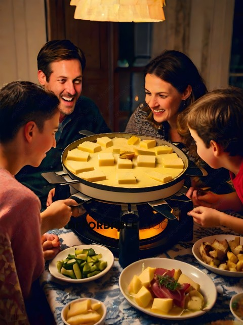 A family of four enjoys a cheese platter