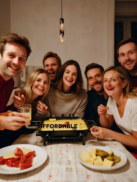A group of people are gathered around a table with a pan of food