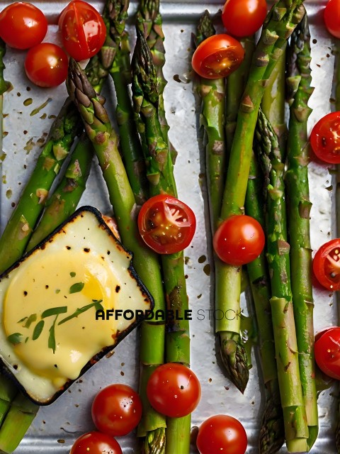 A variety of vegetables including asparagus, tomatoes, and cheese