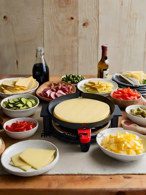 A variety of foods on a table, including cheese, vegetables, and meat