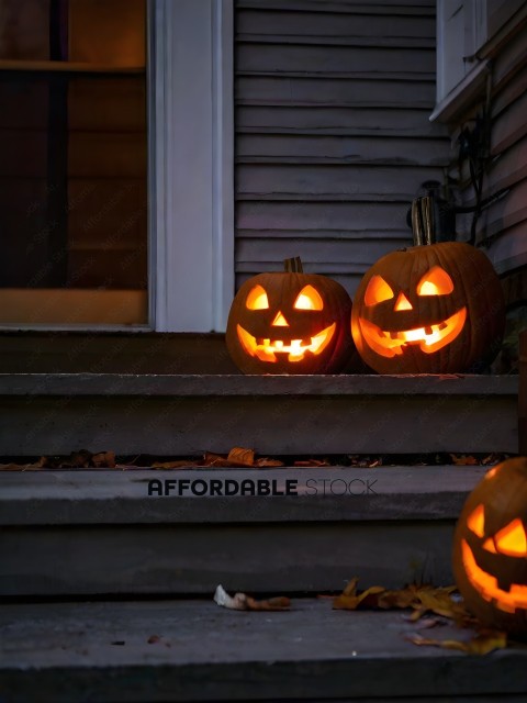 Two Pumpkins with Smiling Faces on Steps