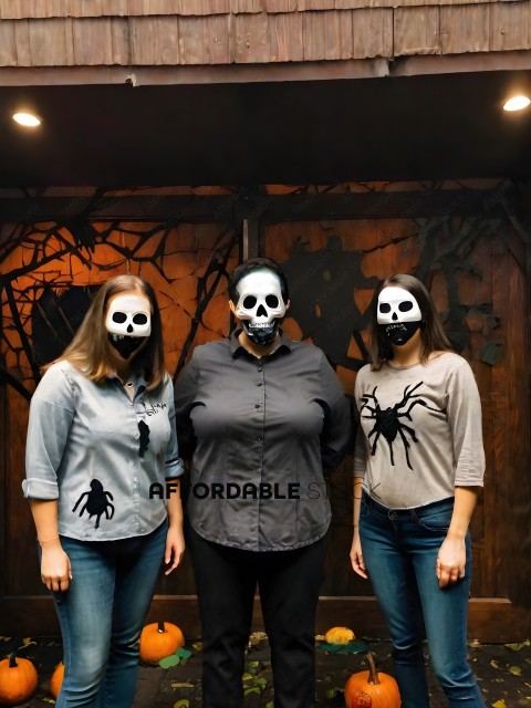 Three women with painted faces and spider costumes
