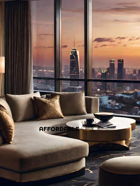 A luxurious living room with a city view