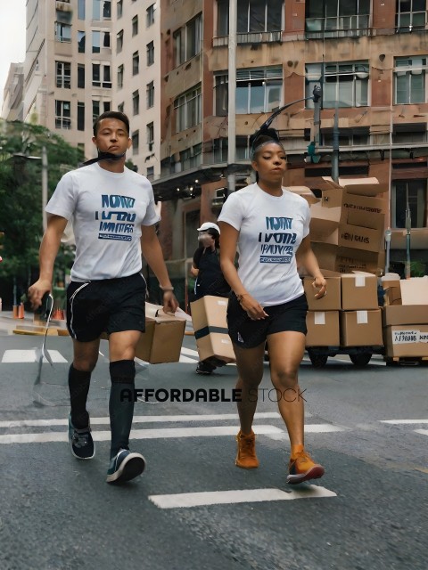 Two people jogging down a street carrying boxes