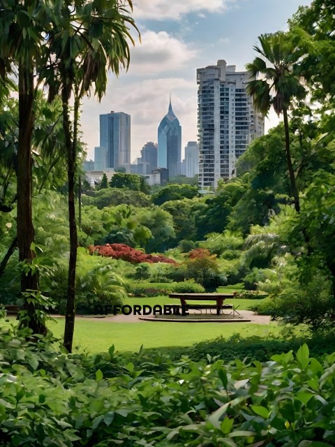 A park bench in a city with a skyline in the background