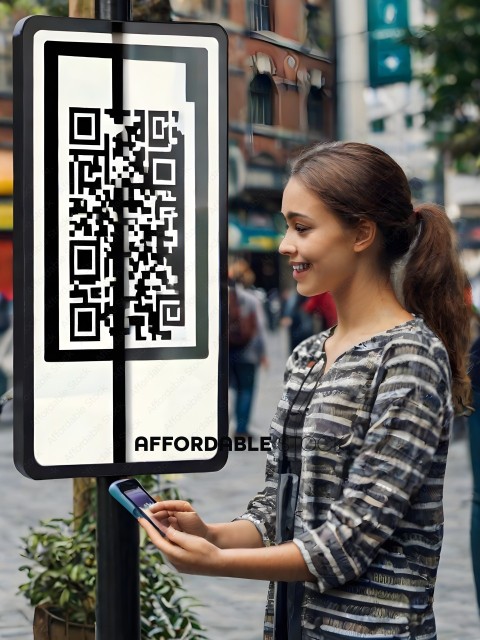 A woman looking at her phone while standing in front of a qr code