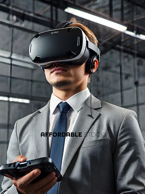 Man in a suit wearing a VR headset