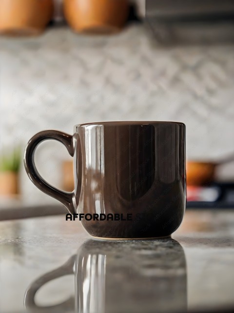 A black coffee mug on a counter