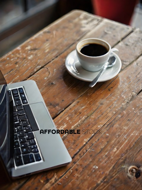 A silver laptop with a cup of coffee on a wooden table
