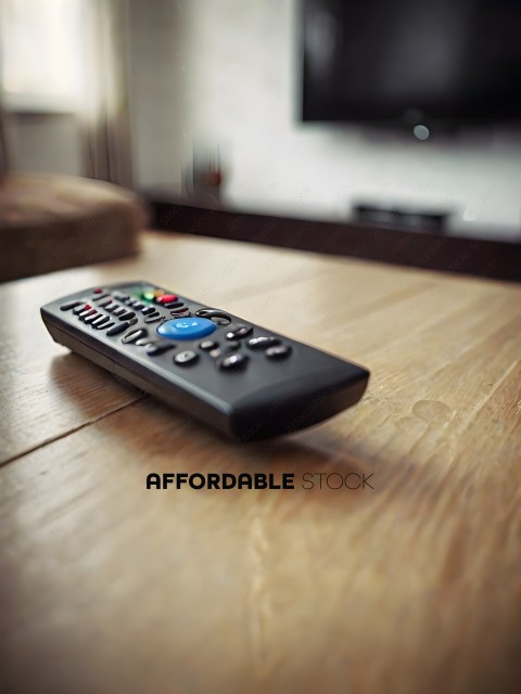 A remote control sits on a wooden table