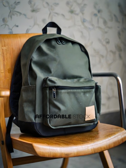 A green backpack on a wooden chair
