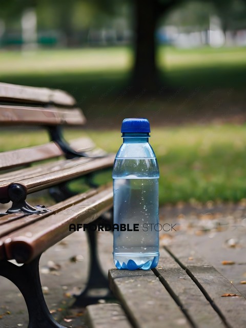 A water bottle sits on a bench