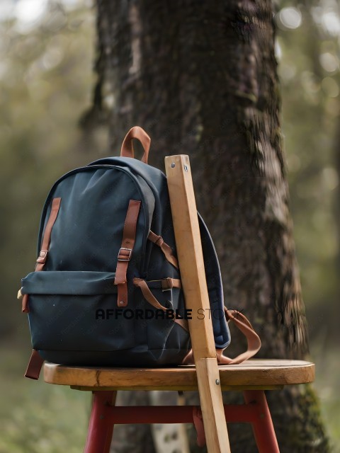 A blue backpack sits on a wooden chair