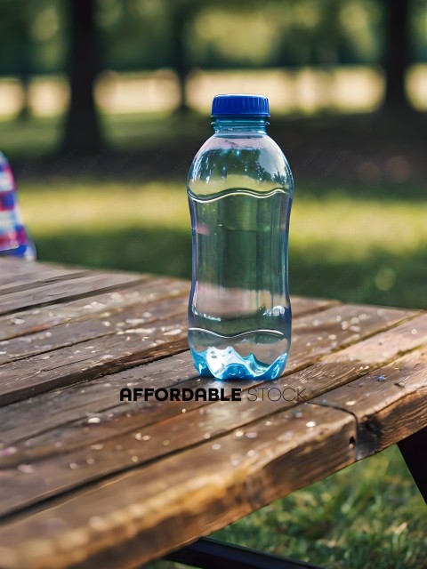 A clear bottle of water on a picnic table
