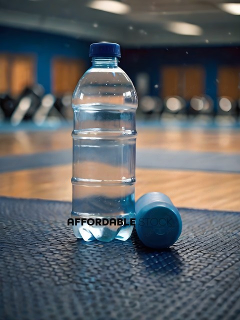 A water bottle and a blue exercise ball on a mat