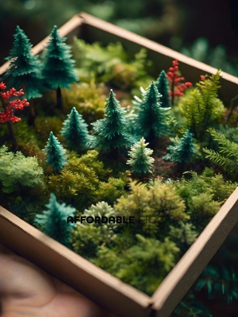 A box of miniature trees and plants