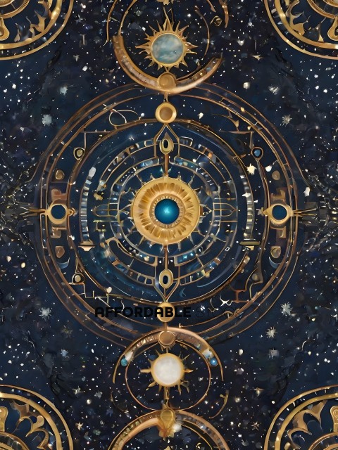 A gold and blue celestial design with a central circle and stars